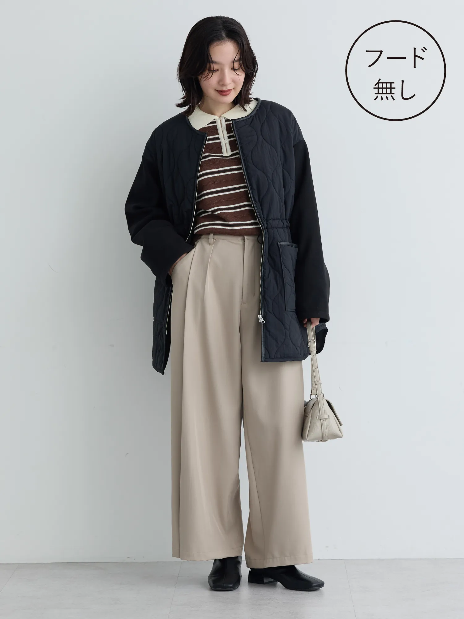 フード取り外し薄中綿コート 着こなし2