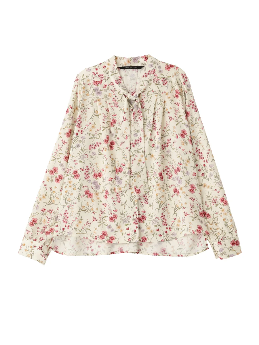 ボタニカルフラワー柄ボウタイブラウス