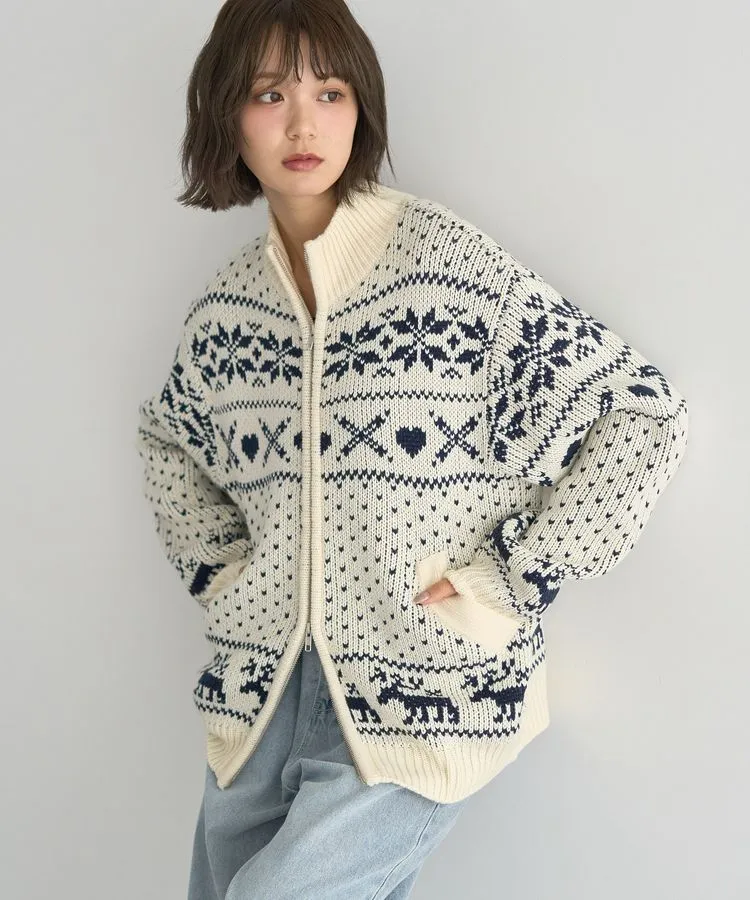 ダブルzipノルディックカウチンニットカーディガン