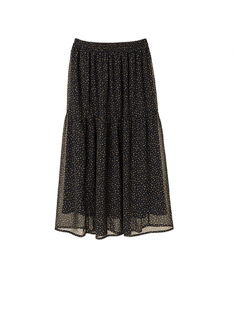フラワープリント切り替えスカート｜シフォンスカートとジャージーパンツで素材感を楽しむ秋ファッション
