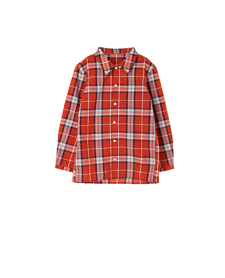 エシカルシルク混オープンネックシャツ｜秋らしいチェック柄のシャツとロングスカートで親子リンクコーデ