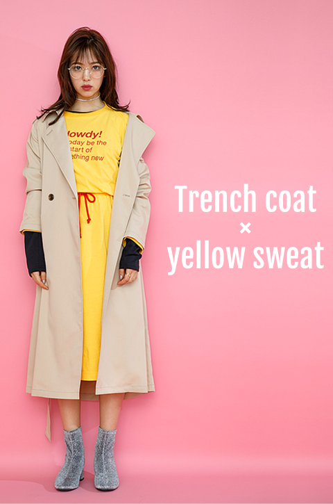 Trench coat×yellow sweat NiCORON Debut!!